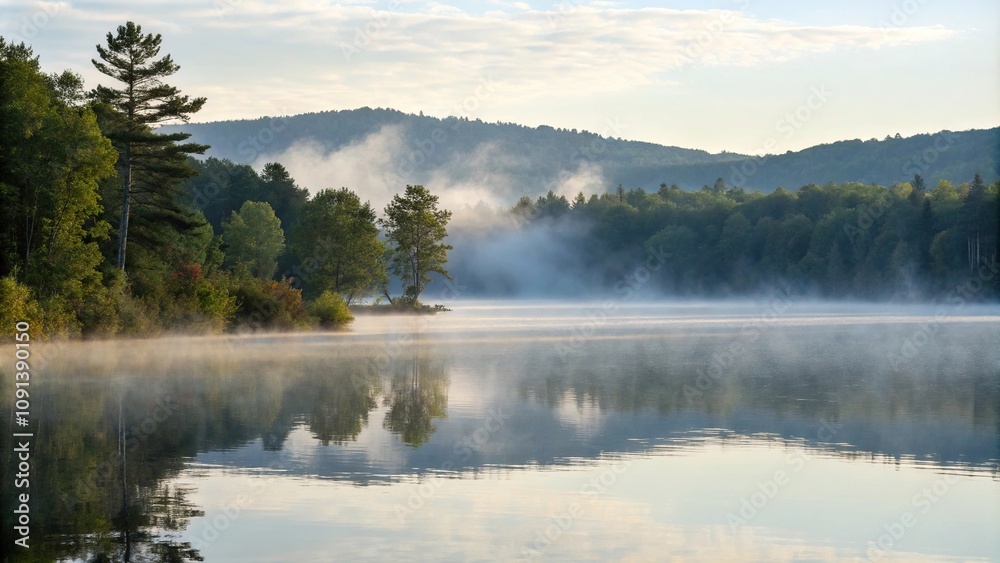 Peaceful morning mist rises over a tranquil lake, creating a soft white fog on the calm water's surface, stillness, fog, glassy surface, tranquility, mist Peaceful morning mist rises over a tranquil lake, creating a soft white fog on the calm water's surface, stillness, fog, glassy surface, tranquility, mist