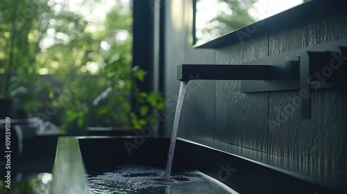 Modern wall-mounted faucet with touch temperature control, elegantly dispensing water into a sleek black basin surrounded by lush greenery.