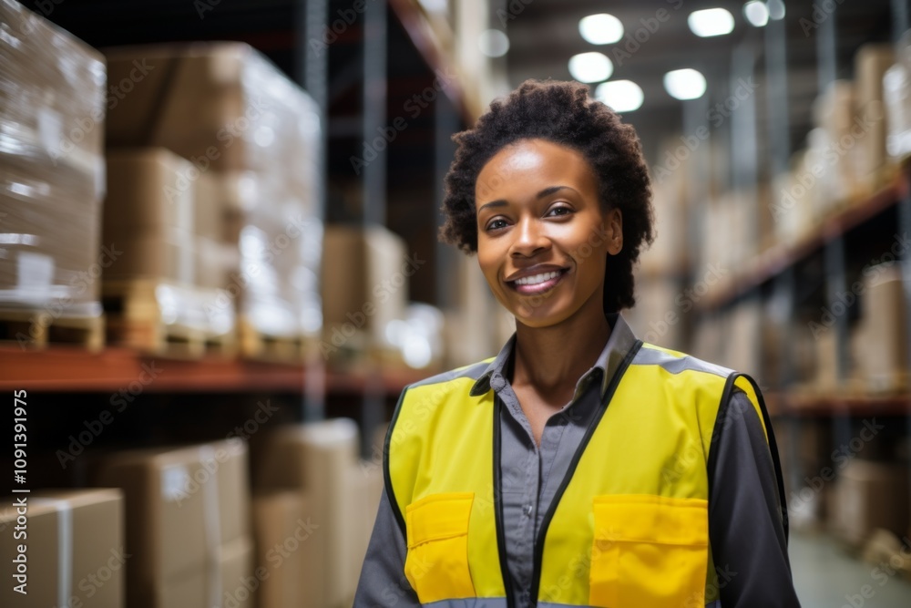 Naklejka premium Portrait of a smiling African American female warehouse worker