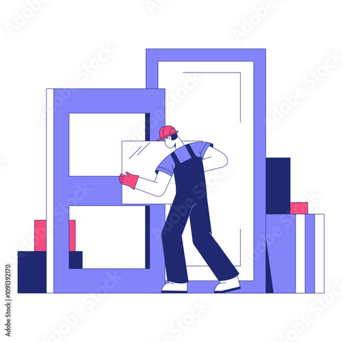 Worker Moving Glass Panels In Flat Vector Illustration Symbolizing Manual Labor, Construction, And Architectural Design, Isolated On White Background.