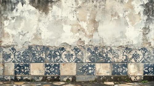 Shabby vintage damask patchwork tile design on weathered stone wall with faded colors and intricate arabesque patterns. Rustic texture background. photo