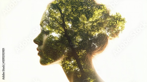 Beautiful double exposure shot combining lush forest trees and a hiker, evoking a sense of peace and connection with nature. Ideal for outdoor and mindfulness themes. photo