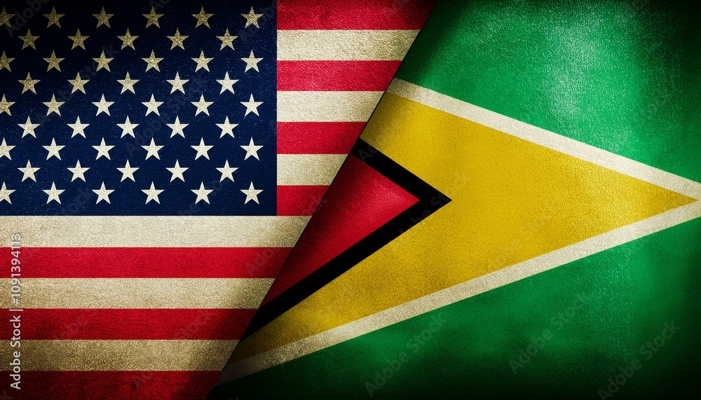 Obraz premium 古いビンテージのアメリカの国旗とガイアナの国旗(Old grunge vintage japan flag and Guyana flag.) 