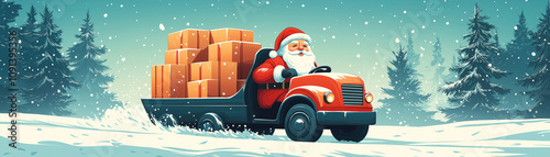 Depict Santa driving a sleigh that resembles a delivery truck, with gifts stacked in the back