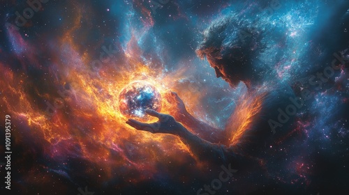 Mystical creation of the universe, cosmic figure shaping a glowing Earth amid vibrant nebulae, deep blues and purples, radiant golds, serene yet awe-inspiring atmosphere. photo