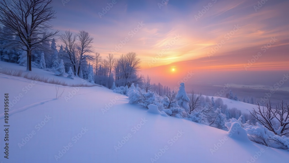 Obraz premium Serene Winter Sunrise Over Snowy Landscape, Perfect for Wall Art or Desktop Background