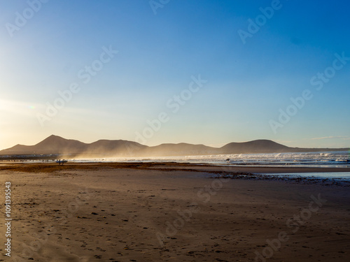 Misty Evening Panorama of Famara Beach, Lanzarote