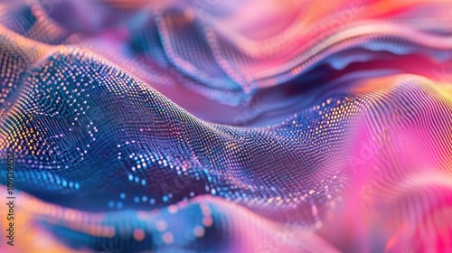 Abstract digital landscape showcasing vibrant, flowing waves of colorful code with intricate patterns, emphasizing depth and texture in a mesmerizing design.