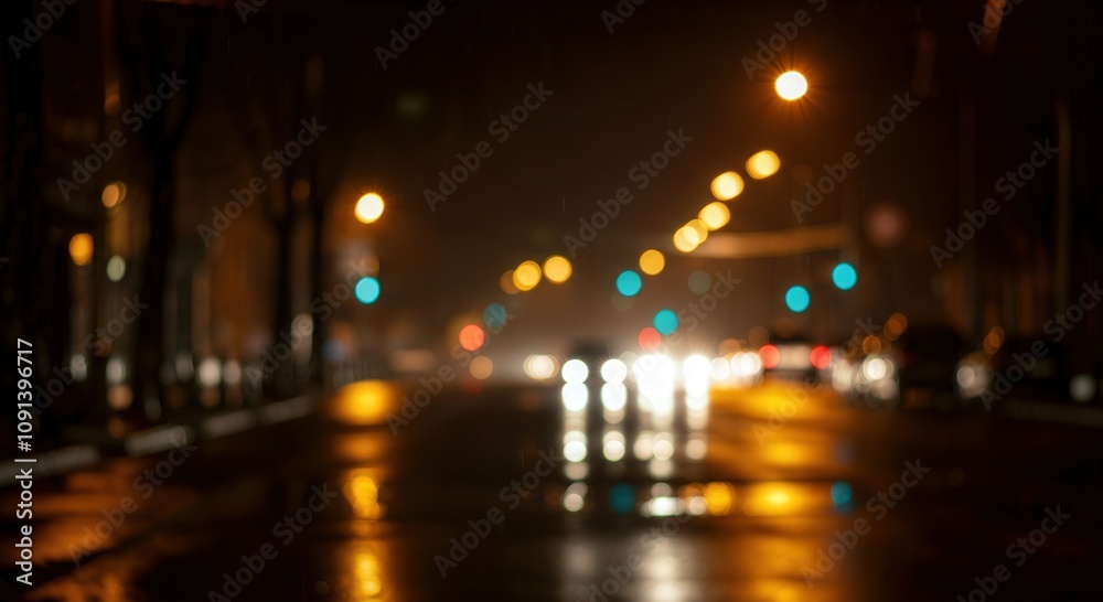 Fototapeta premium Nighttime urban city street with blurred bokeh lights capturing road safety and traffic ambiance