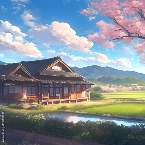 A traditional Japanese house in the countryside, with a soft cloudy sky, diffused light casting a serene glow over the wooden structure, surrounded by lush green field. Created using generative AI.