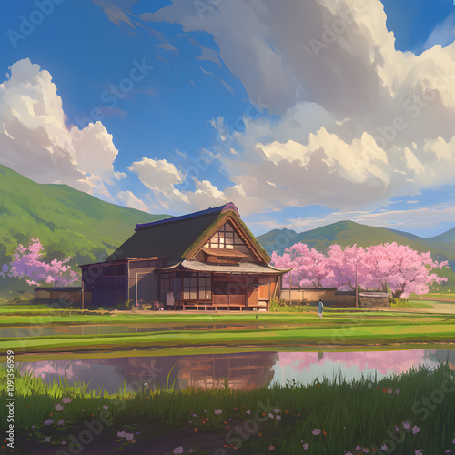 A traditional Japanese house in the countryside, with a soft cloudy sky, diffused light casting a serene glow over the wooden structure, surrounded by lush green field. Created using generative AI.