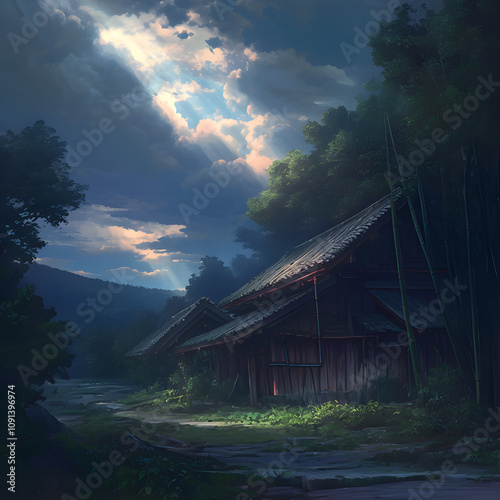 A traditional Japanese house in the countryside, with a soft cloudy sky, diffused light casting a serene glow over the wooden structure, surrounded by lush green field. Created using generative AI.