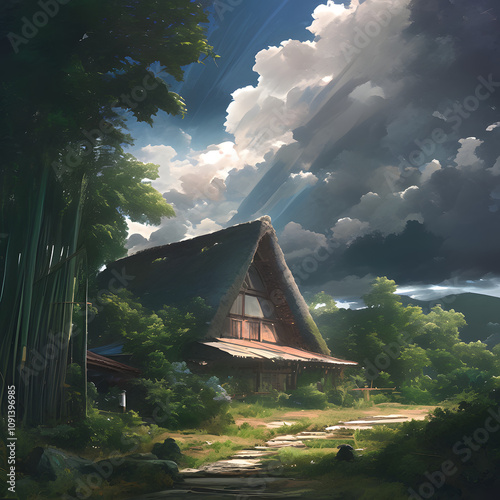 A traditional Japanese house in the countryside, with a soft cloudy sky, diffused light casting a serene glow over the wooden structure, surrounded by lush green field. Created using generative AI.
