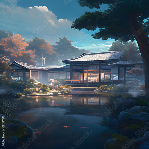 A traditional Japanese house in the countryside, with a soft cloudy sky, diffused light casting a serene glow over the wooden structure, surrounded by lush green field. Created using generative AI.