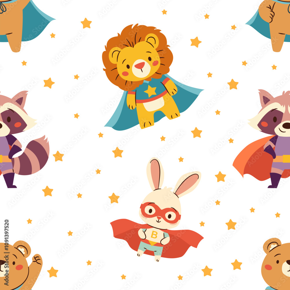 Seamless vector pattern in a simple childish style. Cute animals in superhero costumes, tiger lion hare raccoon bear. Vector illustration