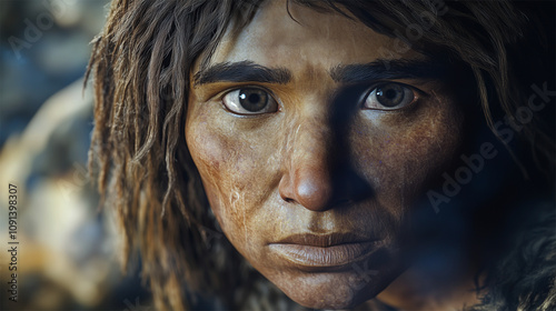 Detailed close-up of a Denisovan’s face, highlighting features and expression.  
 photo