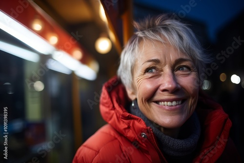 Portrait of smiling senior woman in red jacket in city at night