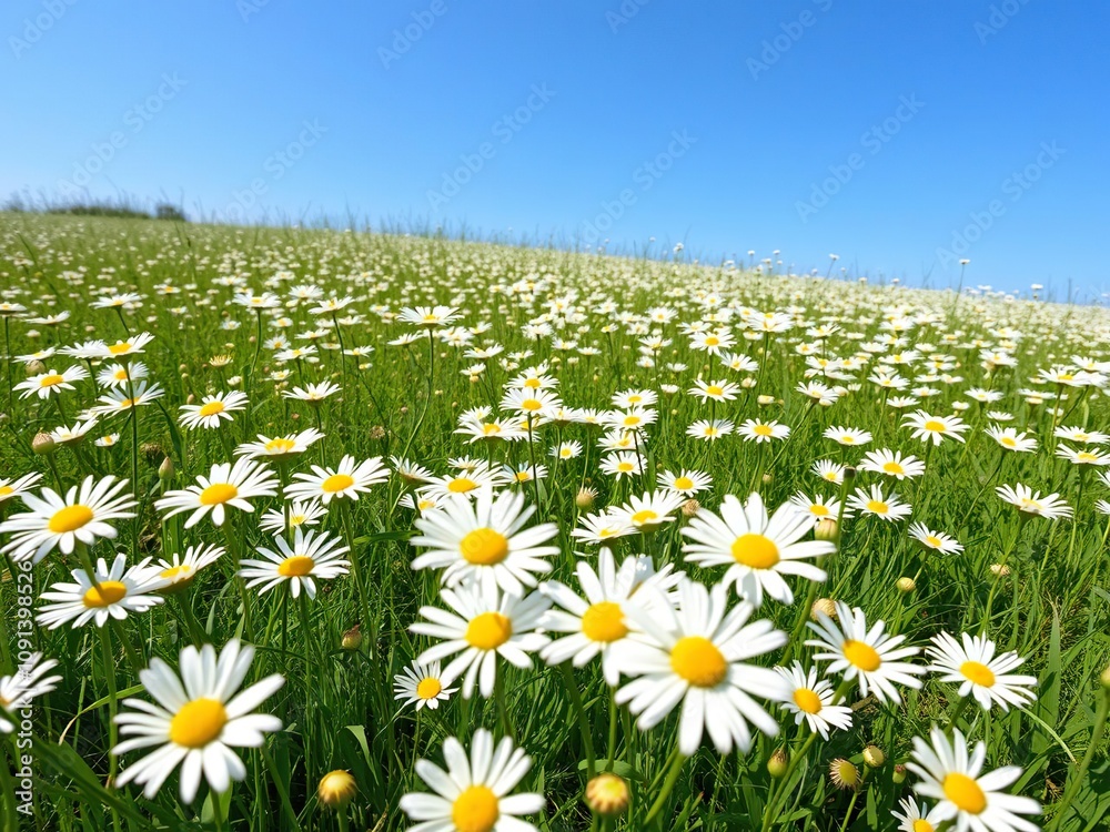 Spring Meadow Scene with White Daisies under Blue Sky, spring, natural scenery Spring Meadow Scene with White Daisies under Blue Sky, spring, natural scenery