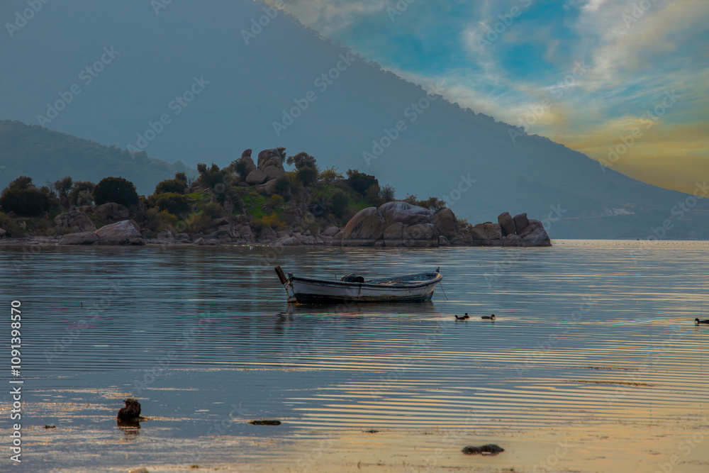 Lake Bafa, Kapıkırı Island - Kapıkırı Village and Island - Herakleia Ancient City, views of fishing boats at sunset - Türkiye