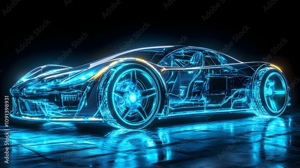 Naklejka premium futuristic electric car, fully visible, smooth transparent structure, showcasing cutting-edge battery, illuminated blue highlights, state-of-the-art battery technology, dynamic energy movement,