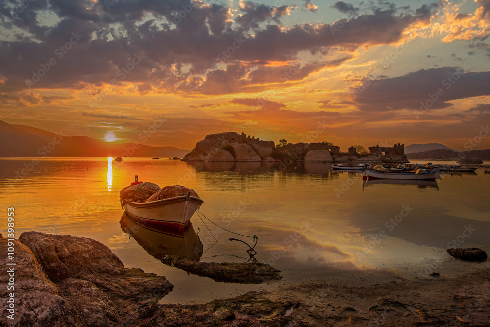 Lake Bafa, Kapıkırı Island - Kapıkırı Village and Island - Herakleia Ancient City, views of fishing boats at sunset - Türkiye