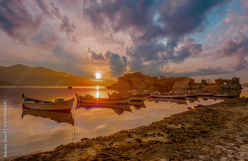 Lake Bafa, Kapıkırı Island - Kapıkırı Village and Island - Herakleia Ancient City, views of fishing boats at sunset - Türkiye