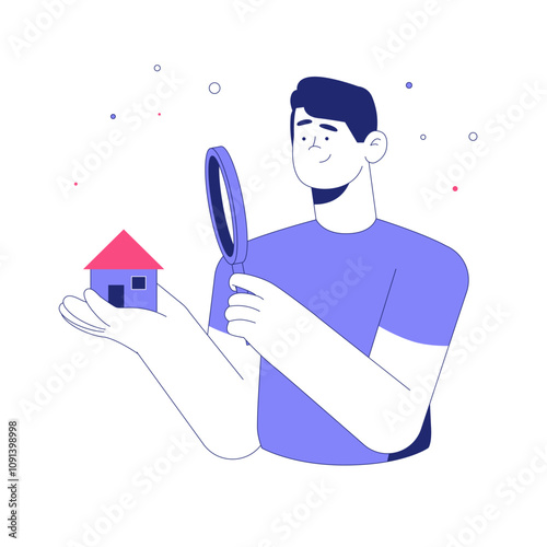Male Character Holding Magnifying Glass And Small House In Flat Vector Illustration Symbolizing Real Estate Search, Property Inspection, And Housing Market, Isolated On White Background.