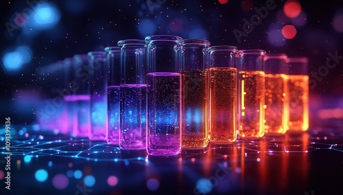 Test tubes filled with glowing liquids create a vibrant, futuristic laboratory scene, emphasizing scientific innovation.