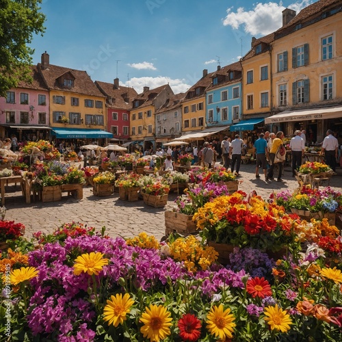 A vibrant market square in a historic village, surrounded by colorful flowers.