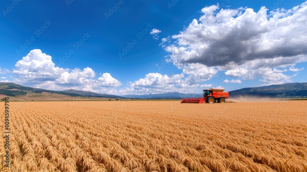 Obraz premium A vibrant agricultural landscape with a harvest machine working under a blue sky.