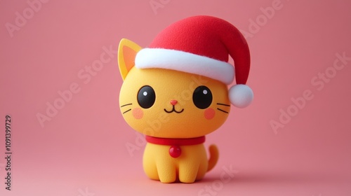 Joyful yellow cat adorned with a festive Santa hat, exuding charm and warmth against a clean white backdrop, perfect for holiday cheer and seasonal spirit. photo