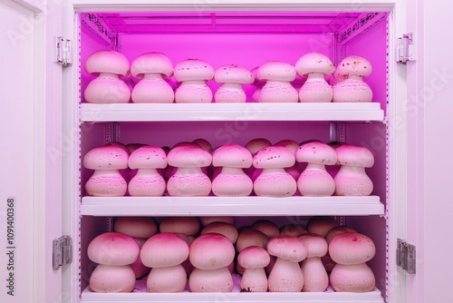 Mushrooms growing in a brightly lit, modern indoor cultivation setup.