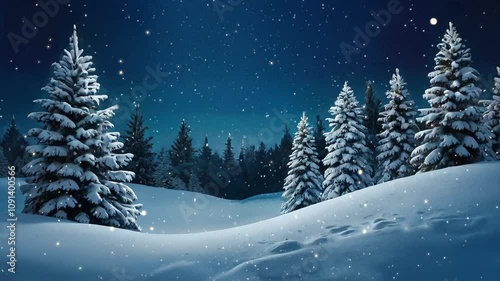 foggy fir tree and night landscape in winter. Snowing outside. Christmas tree forest