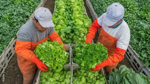 Farmers harvesting fresh lettuce in a lush green field.