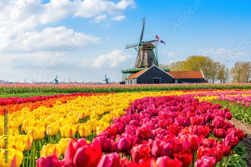 A colorful tulip field with windmills in the background