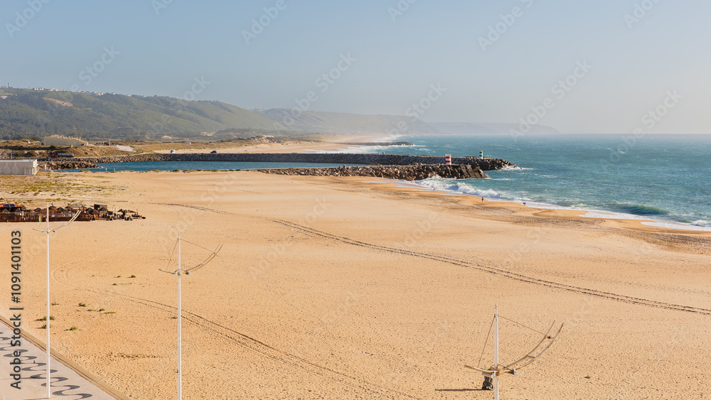Aerial view of the city of Nazare, Portugal and the Praia, Portugal