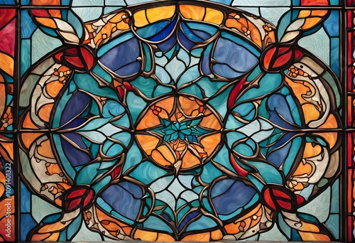 A moroccan tile inspired stained glass design with bold symmetry and bright colors, AI Generated photo