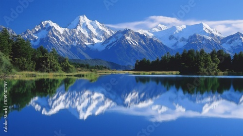 Serene Snow-Capped Mountains Reflected in Lake photo