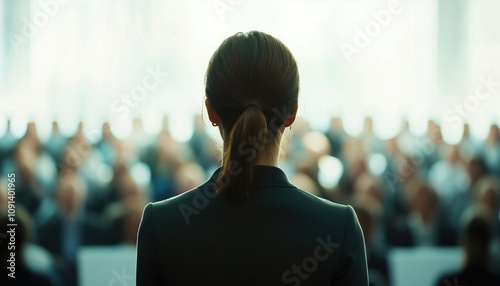 Female Speaker Presents At Business And Entrepreneurship Symposium With Audience In Conference Hall. Rear View Of Participant. Copy Space Available. photo