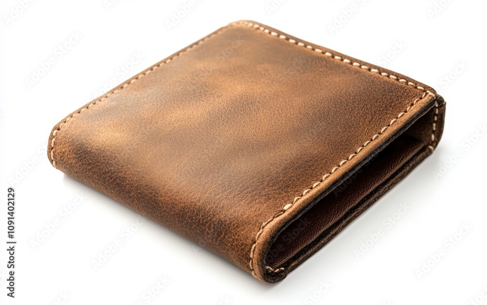 Leather wallet with visible stitching, isolated on a white background, clean and professional look Leather wallet with visible stitching, isolated on a white background, clean and professional look