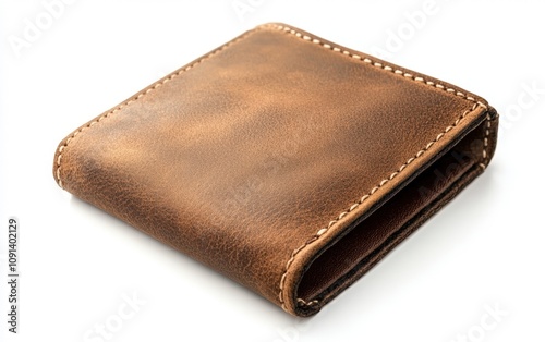 Leather wallet with visible stitching, isolated on a white background, clean and professional look 