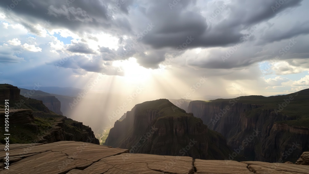 Naklejka premium Majestic Mountain Valley Sunbeam: Capture Nature's Serenity and Grandeur for Wall Art or Desktop Backgrounds