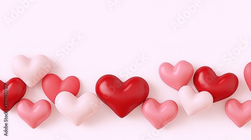 Row of red and pink hearts on white background