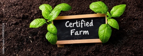 A vibrant certified farm sign surrounded by fresh green leaves, symbolizing organic farming and sustainability.