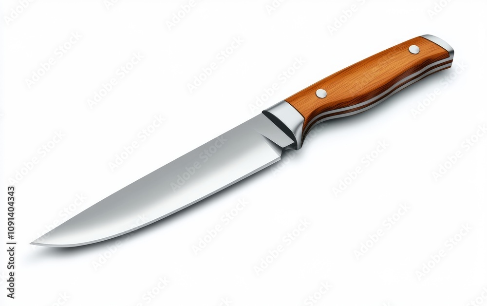 Sharp kitchen knife with a metallic blade and wooden handle, placed on a white background, high detail - Sharp kitchen knife with a metallic blade and wooden handle, placed on a white background, high detail -
