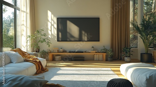 Modern Living Room Interior Design: Sunlight Streaming Through Large Windows, Illuminating a Cozy and Minimalist Space with Plush Couches, Plants, and a Large Flat-Screen TV.