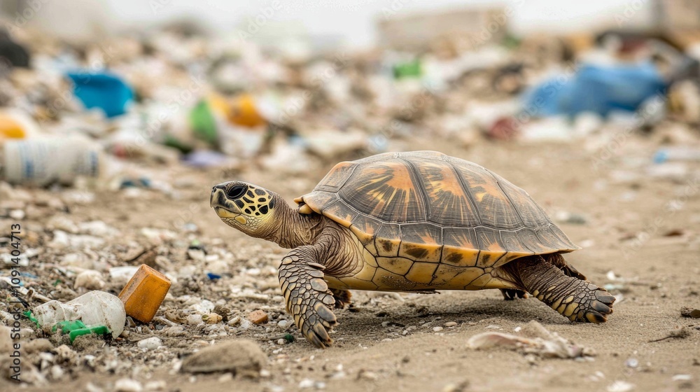 Obraz premium Turtle Walking Through Environmental Pollution