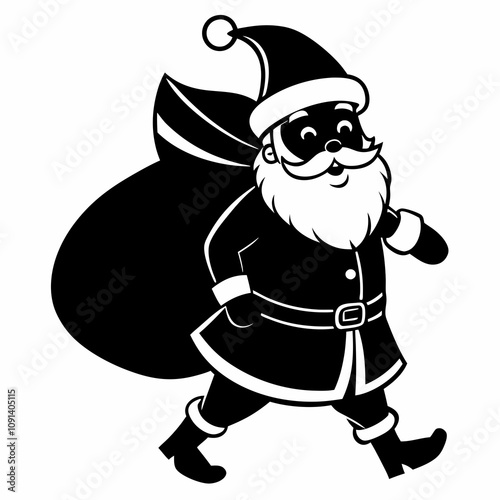 Black vector silhouette of Santa Claus holding a sack of gifts on a white background