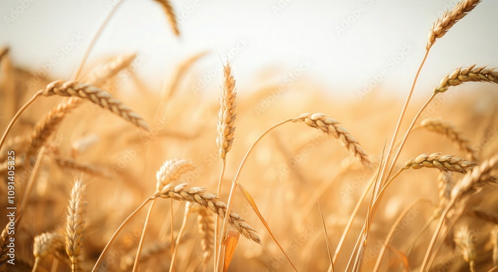 Obraz premium Golden wheat field under soft sunlight, ideal for harvest themed designs