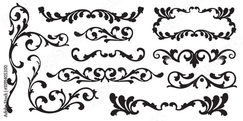 Set of decorative dividers barroque elements. Vintage calligraphy collection